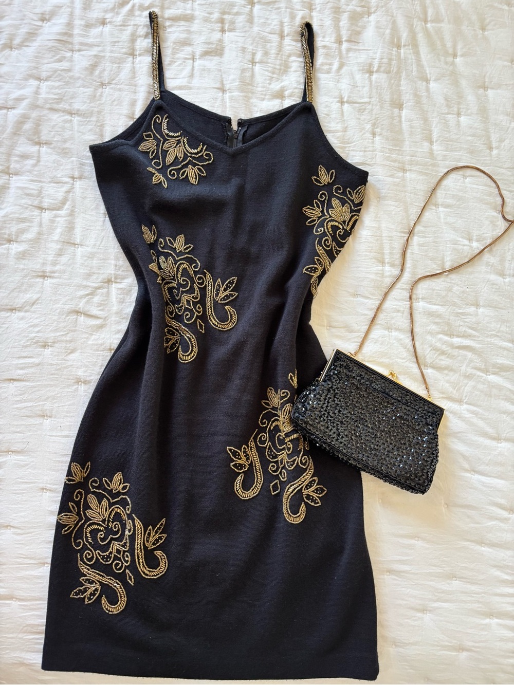 Black Mini Dress with Gold Embroidered Detail and Spaghetti Straps